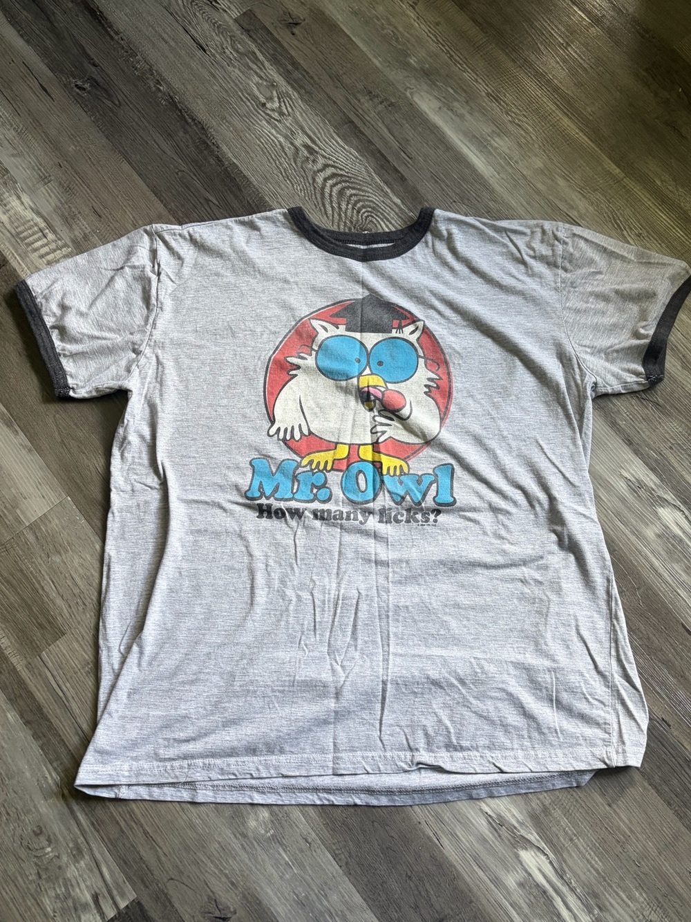 Mr. Owl Graphic Ringer Tee - Light Gray with Black Trim
